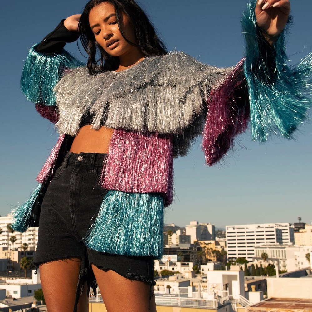 NWT NastyGal Party Crasher Multicolored Tinsel Tiered Fringe Jacket Size 2